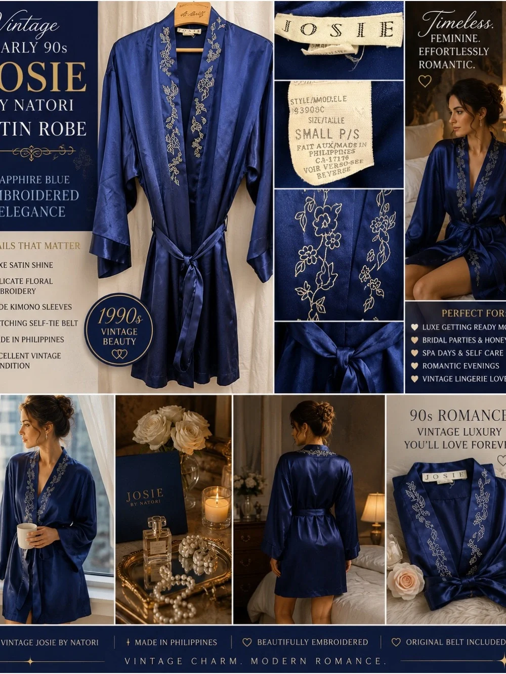 VTG 90s Josie Satin Robe S Sapphire Blue Embroidered Kimono Belted Lingerie EUC